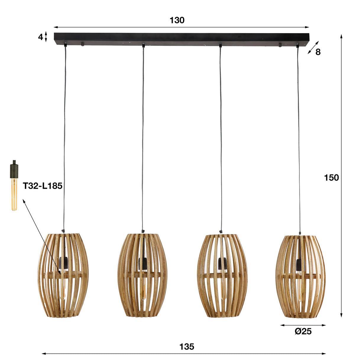 Lampe suspendue Jalou en bois de manguier 4 sources lumineuses 135 cm