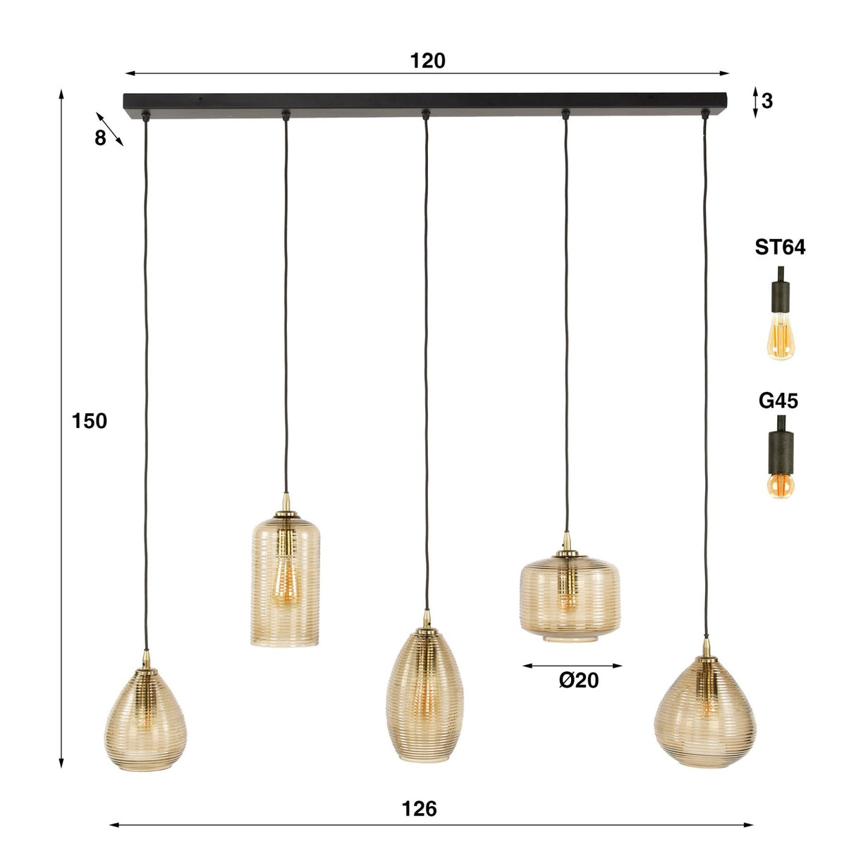 Suspension Axis 5 lumières verre fumé brun horizontal 