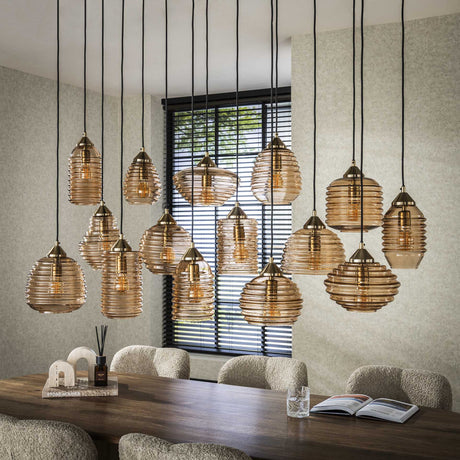 Suspension Mali 15 lumières verre nervuré couleur ambre 