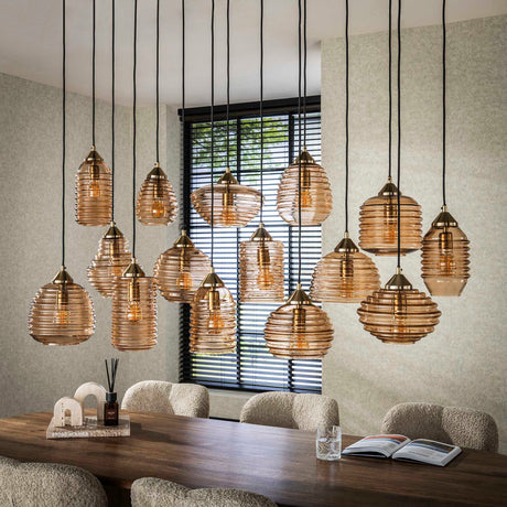 Suspension Mali 15 lumières verre nervuré couleur ambre 