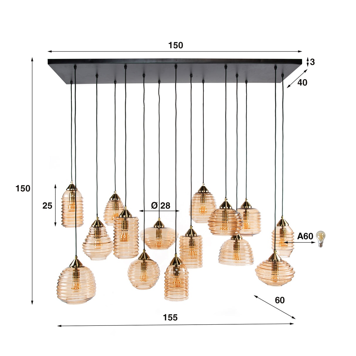 Suspension Mali 15 lumières verre nervuré couleur ambre 
