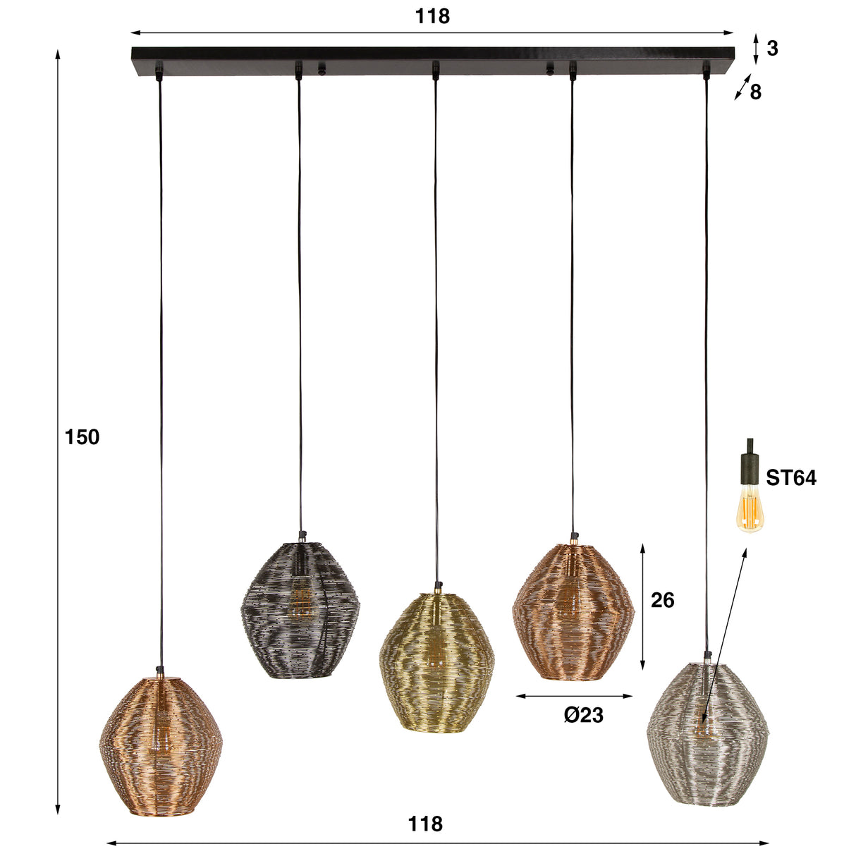 Suspension Wez 5 lumières nickel coloré 