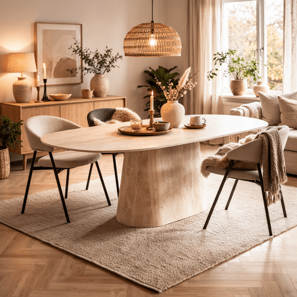 Table à manger en travertin aspect marbre en pierre frittée Lea 180x90 cm - Ovale danois