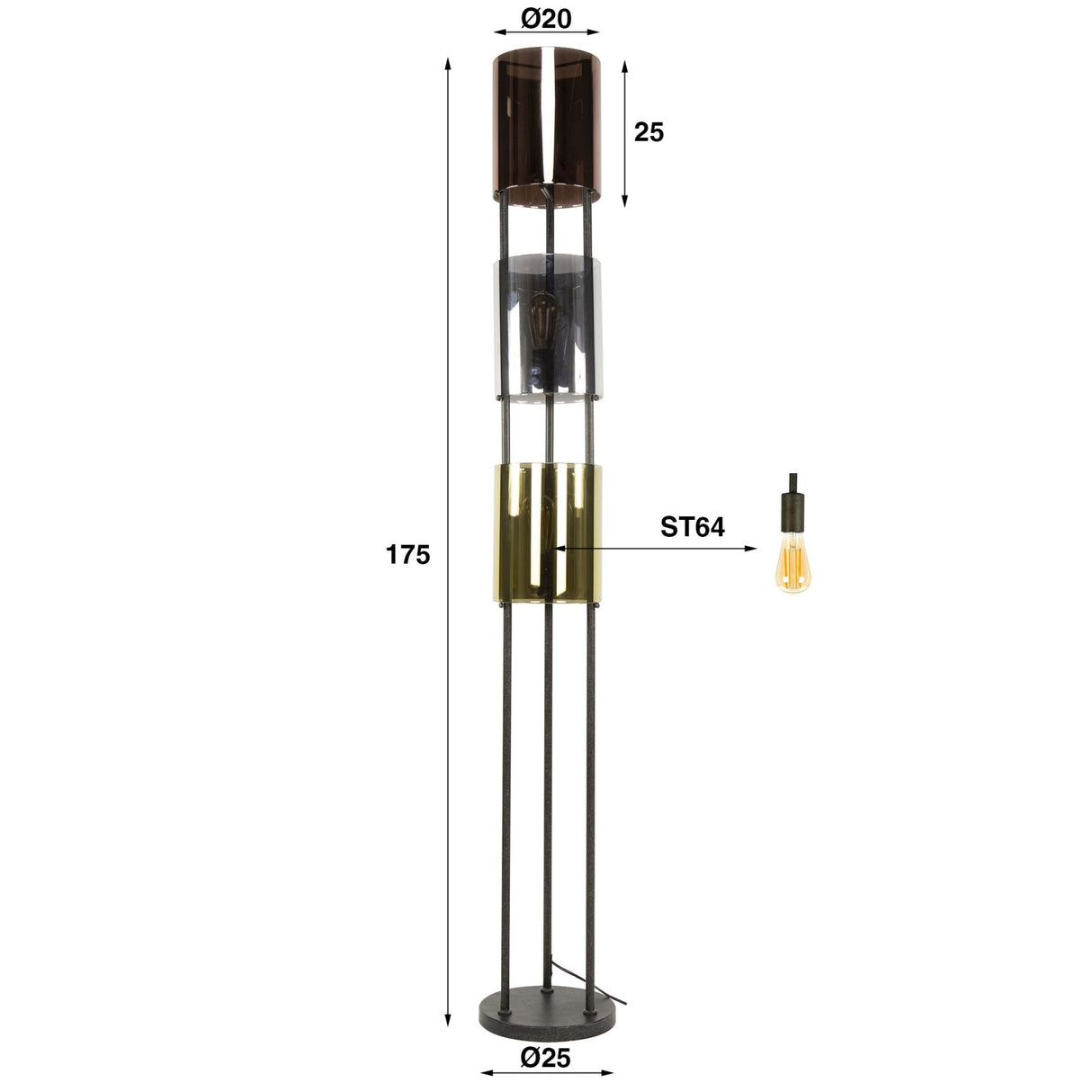 Lampadaire Nox 3 lumières Métal Noir 175 cm 