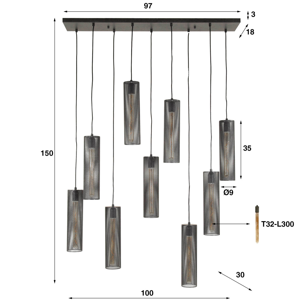 Lampe suspendue Zavi 9 lumières mesh noir