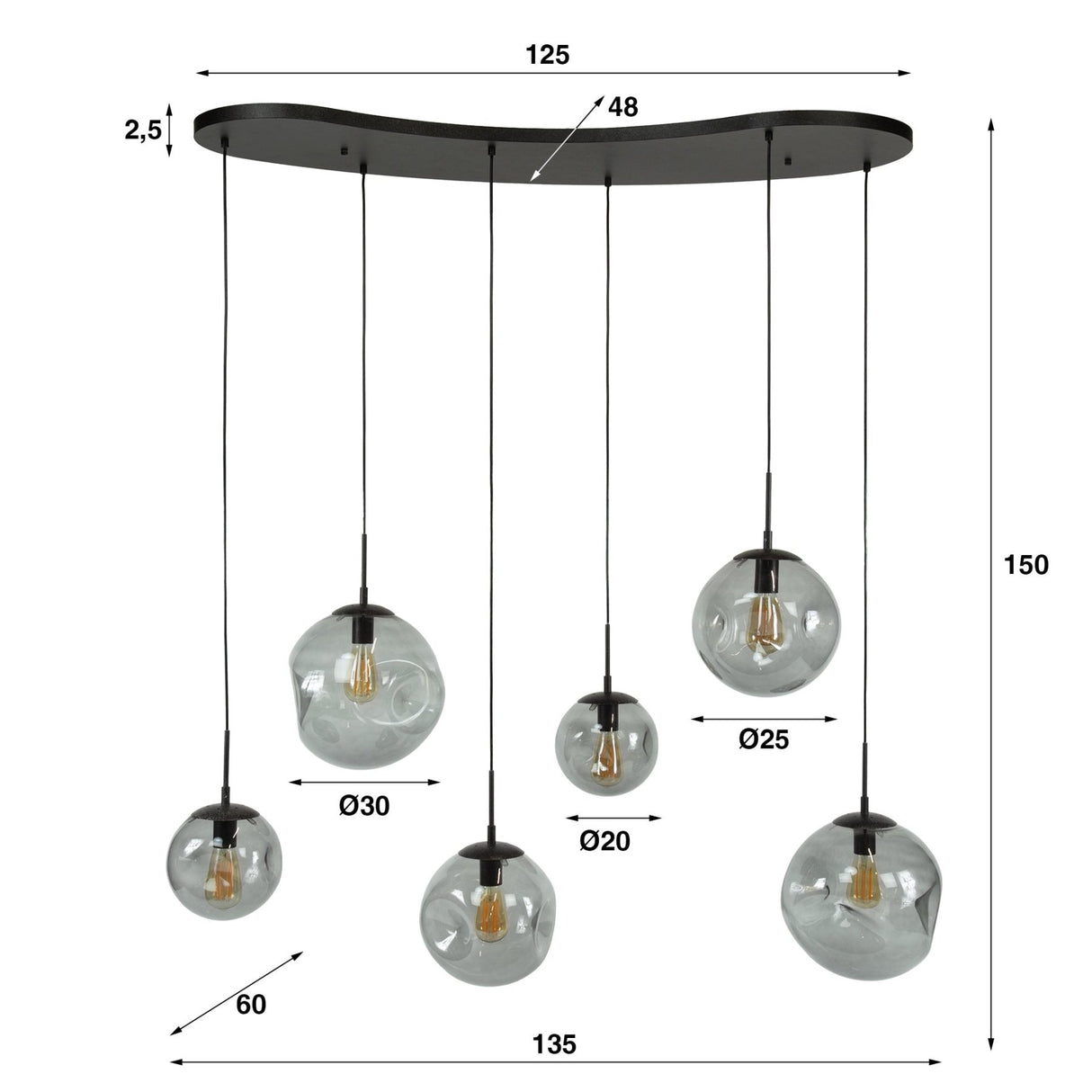 Suspension Industrielle Nova Noire 6-lumières Barre 135 cm 