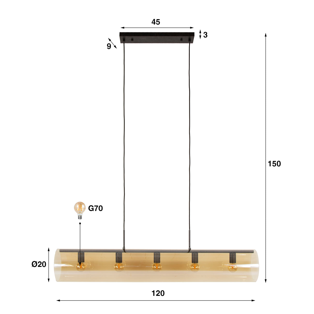 Lampe suspendue Cai 5-lumières en verre ambré