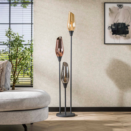 Lampadaire Nova 3 lumières noir avec globes en verre 
