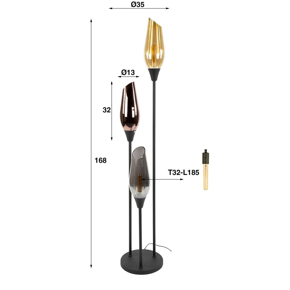 Lampadaire Nova 3 lumières noir avec globes en verre 