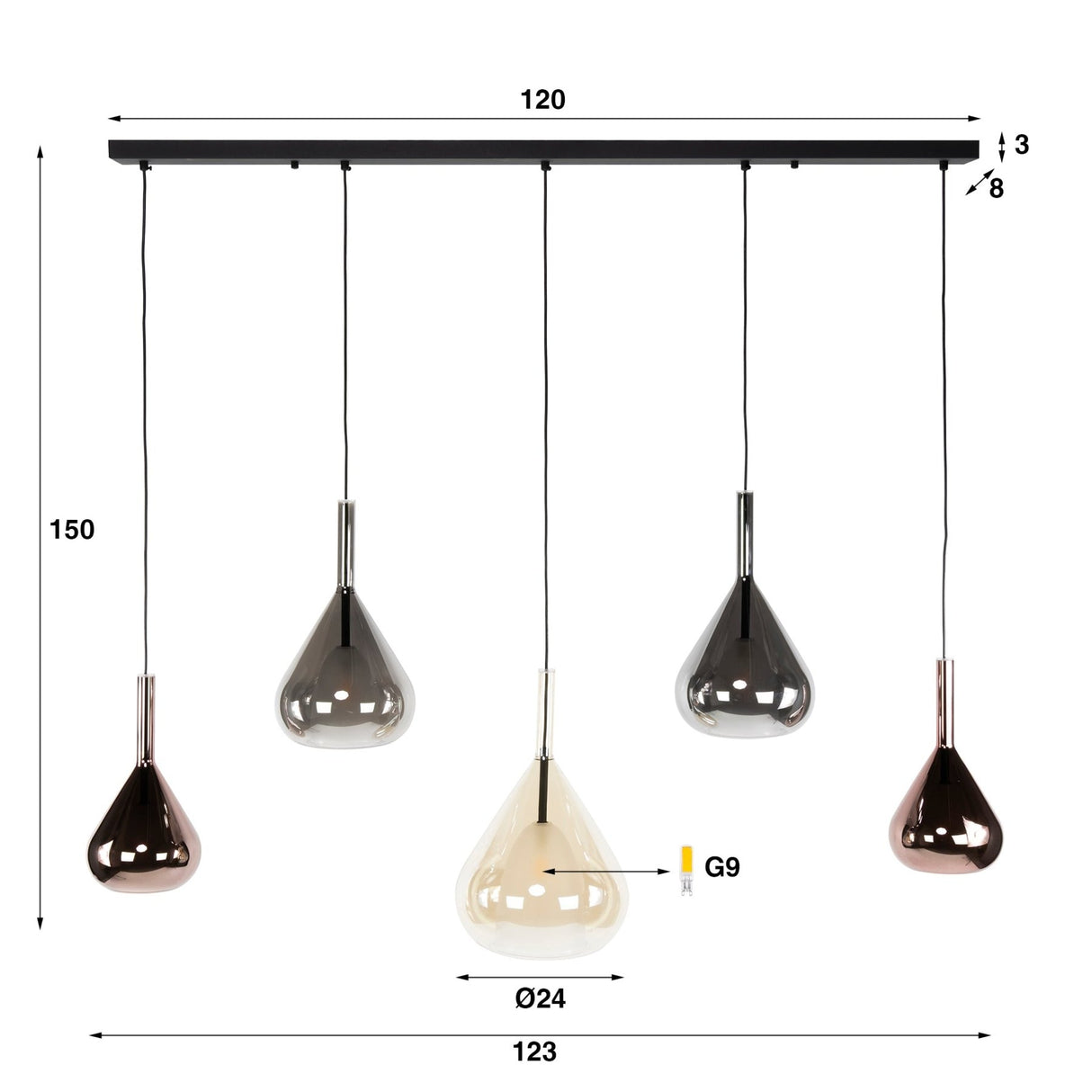 Lustre suspendu à 5 lumières Noxen noir 123 cm 