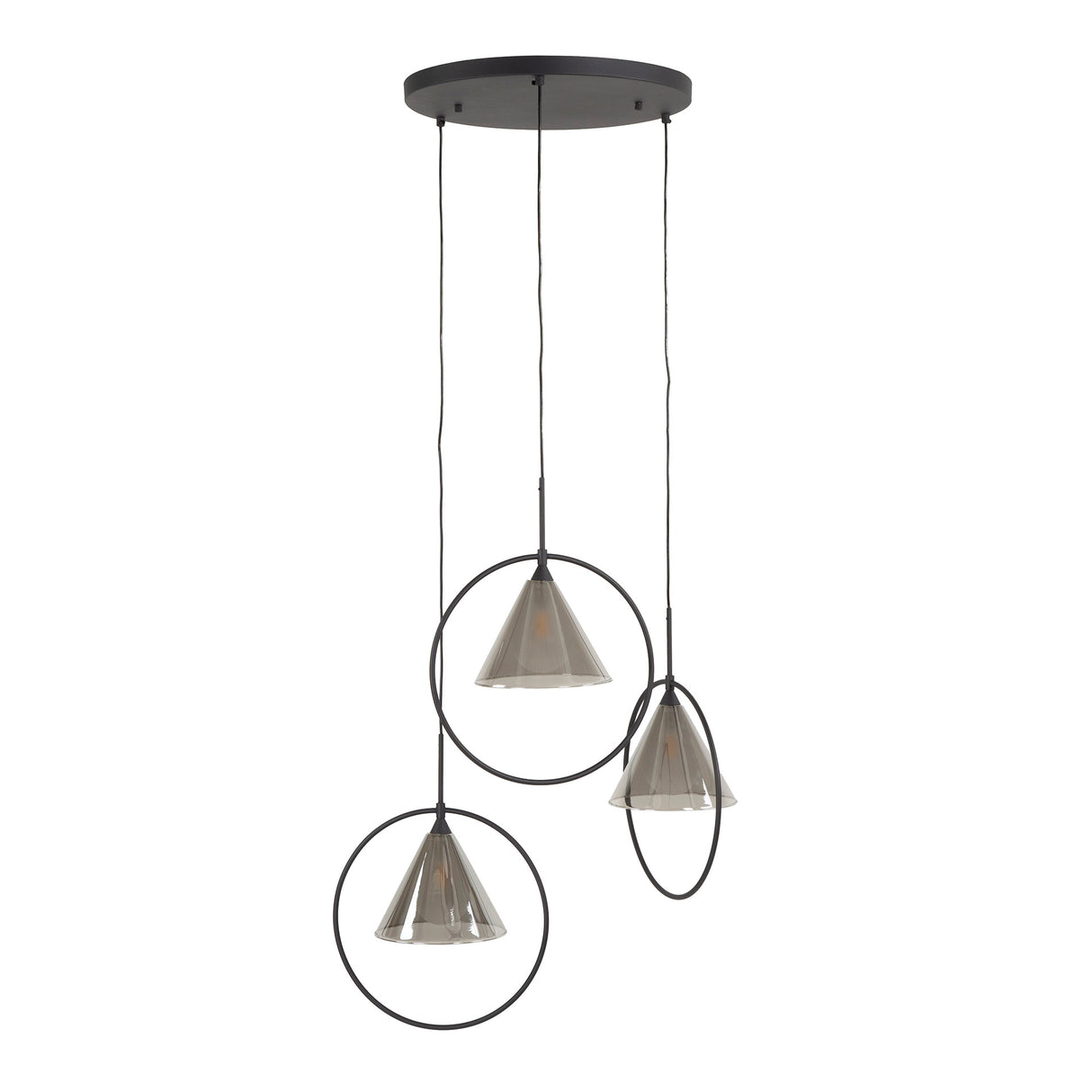 Suspension Niaz 3 lumières abat-jour conique en verre fumé gris 