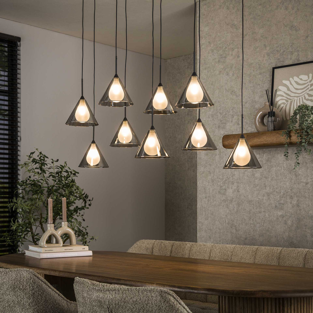 Suspension Niaz 7 lumières abat-jour conique verre fumé gris 