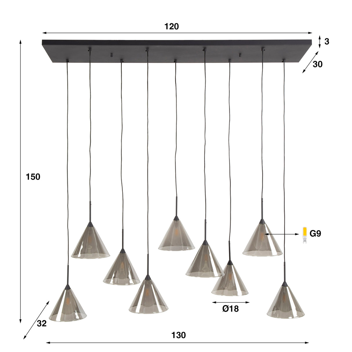 Suspension Niaz 7 lumières abat-jour conique verre fumé gris 