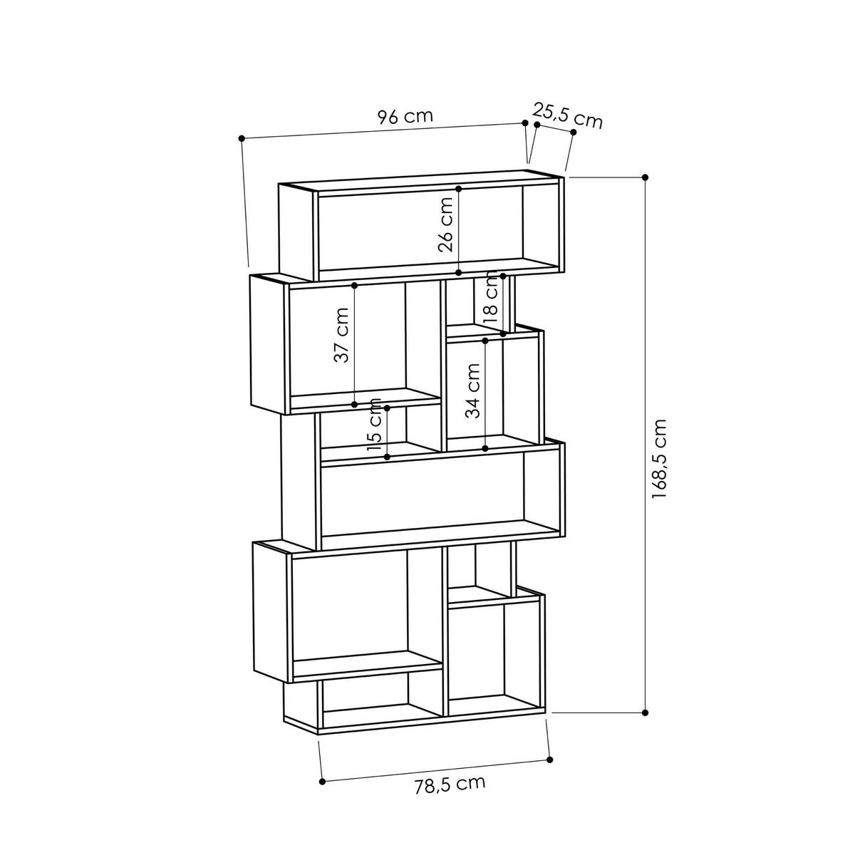 Boekenkasten - Asymmetrische boekenkast wit melamine Karmato 96x168,5x25,5 cm - Dimehouse