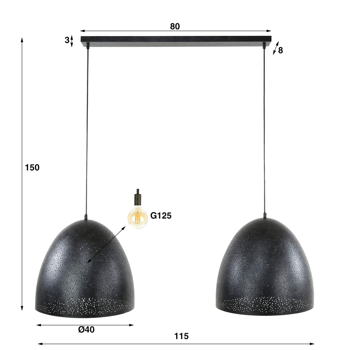 Lampe suspendue Kylian 2 lumières métal noir