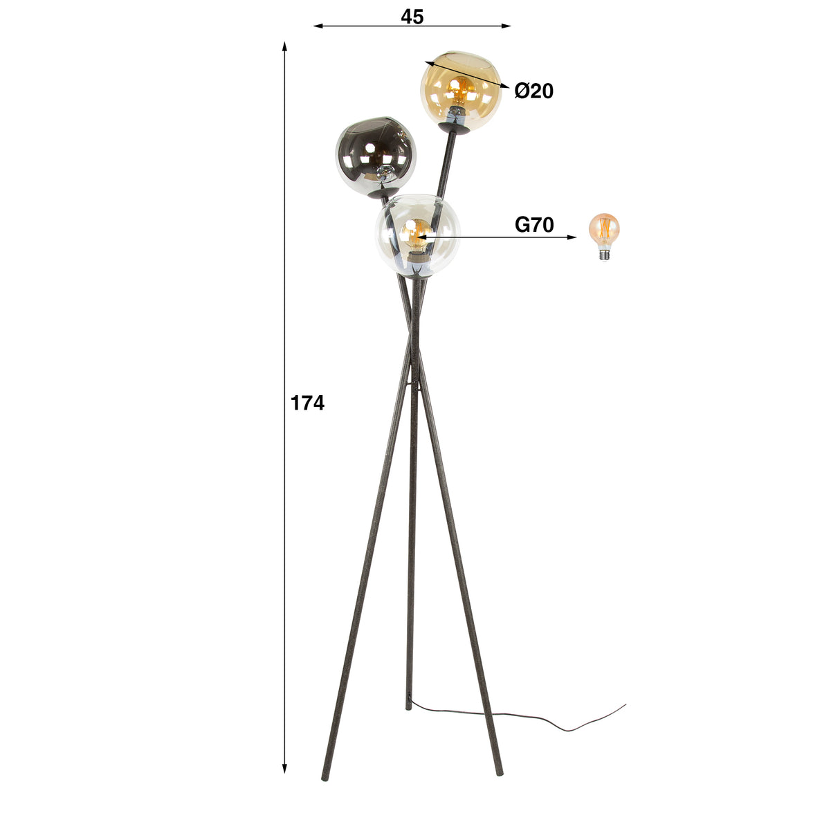 Lampadaire Nova 3 lumières Noir avec Globes 