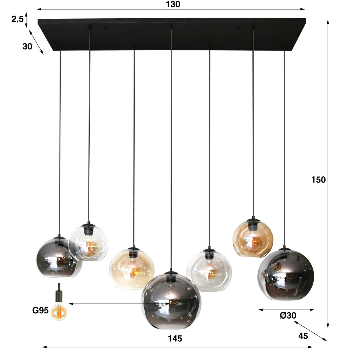 Suspension moderne Juliette en verre 7 lumières 