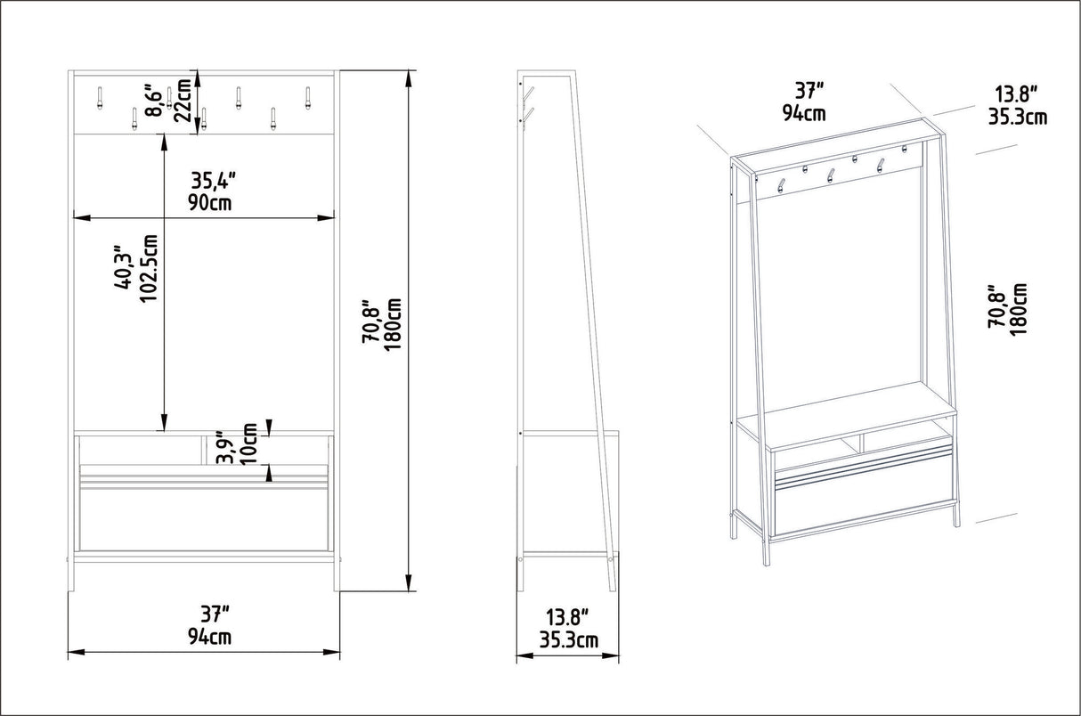 Meuble de rangement Porte-manteau Noyer Mélamine Devon - Avec Compartiments et Tiroir 