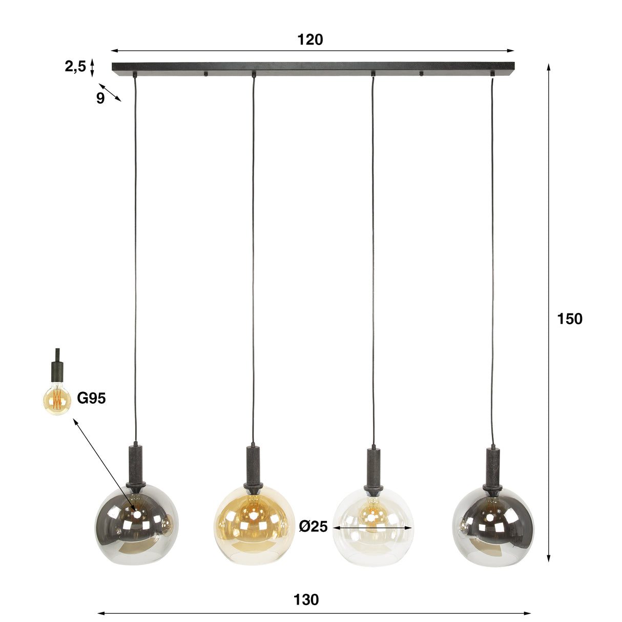 Suspension Valeo 4 lumières Métal Noir 135 cm 