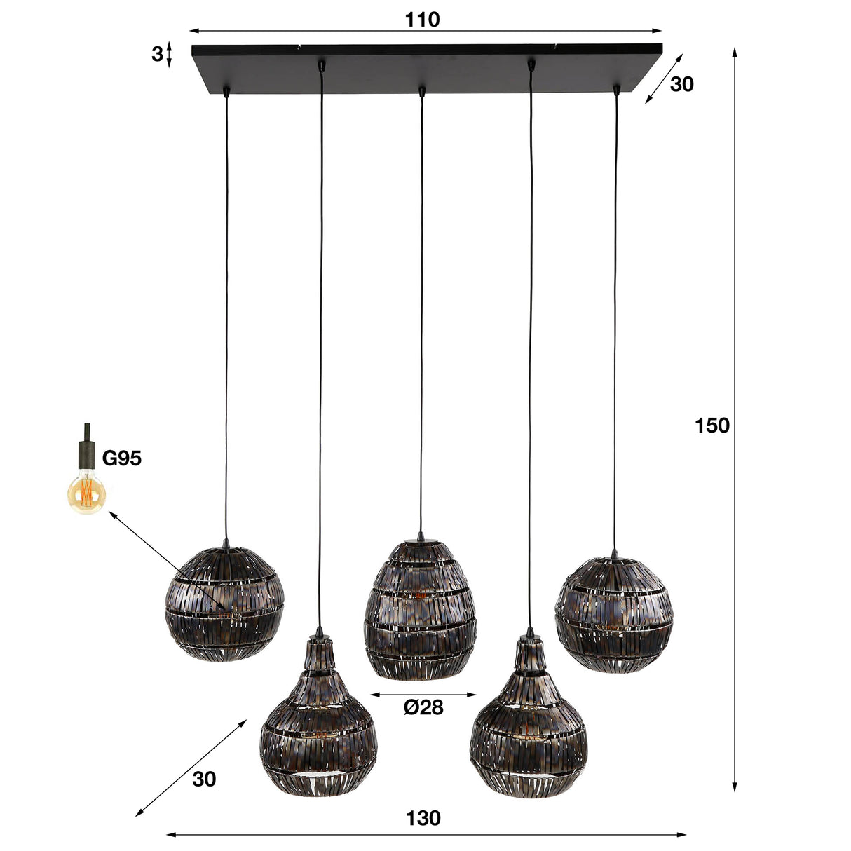 Lampe à suspension Pedro 5 lumières métal noir