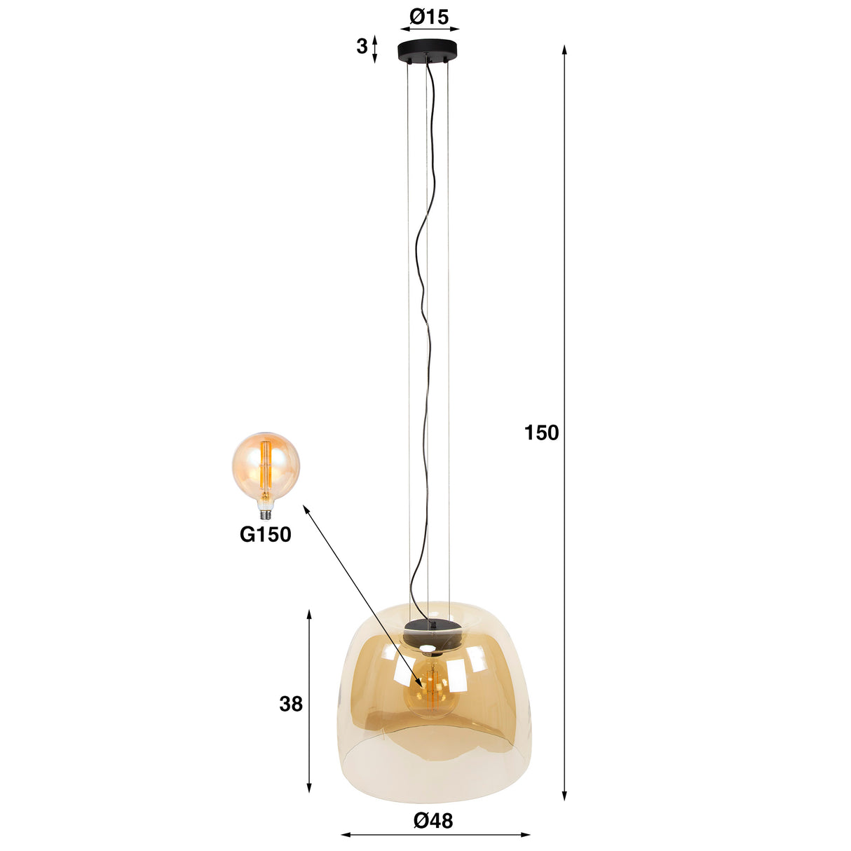 Suspension Dain 1 lumière XL en verre ambré 