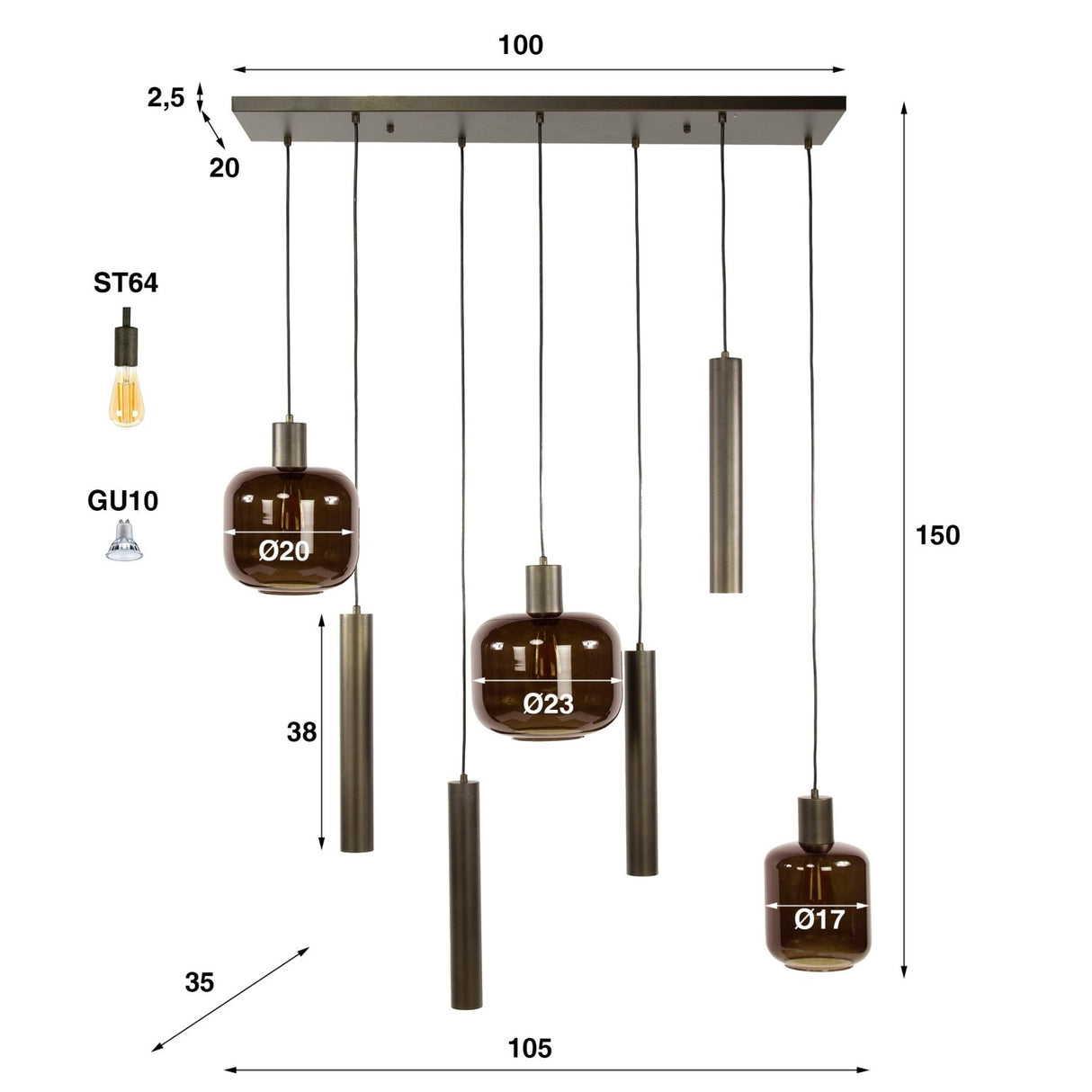 Suspension Dax 7 lumières marron 105 cm 