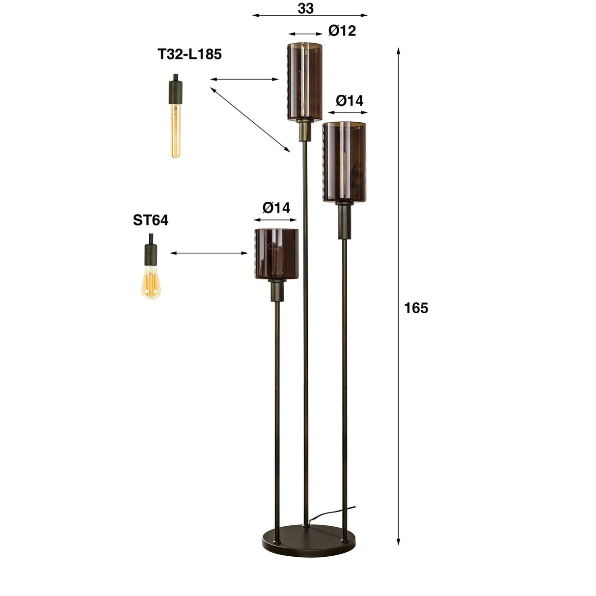 Lampe de sol industrielle à 3 lumières échelonnées - Sienna Brun 