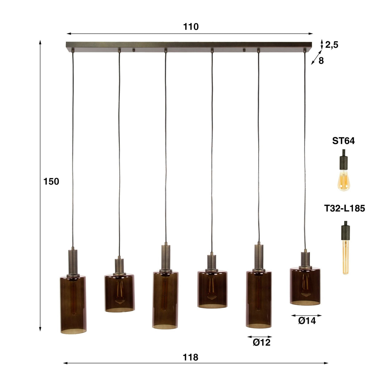 Lampe suspendue industrielle 6 lumières Sienna marron 118 cm 