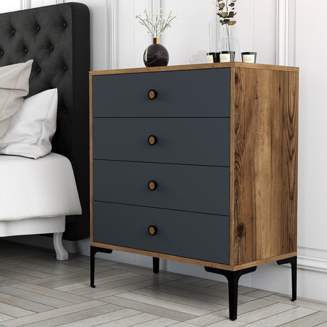 Ladekasten - Ladekast Lizbon Walnoot Antraciet Melamine 76x90,7x40 cm - 4 lades - Dimehouse