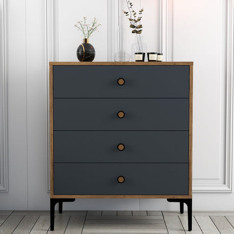 Ladekasten - Ladekast Lizbon Walnoot Antraciet Melamine 76x90,7x40 cm - 4 lades - Dimehouse