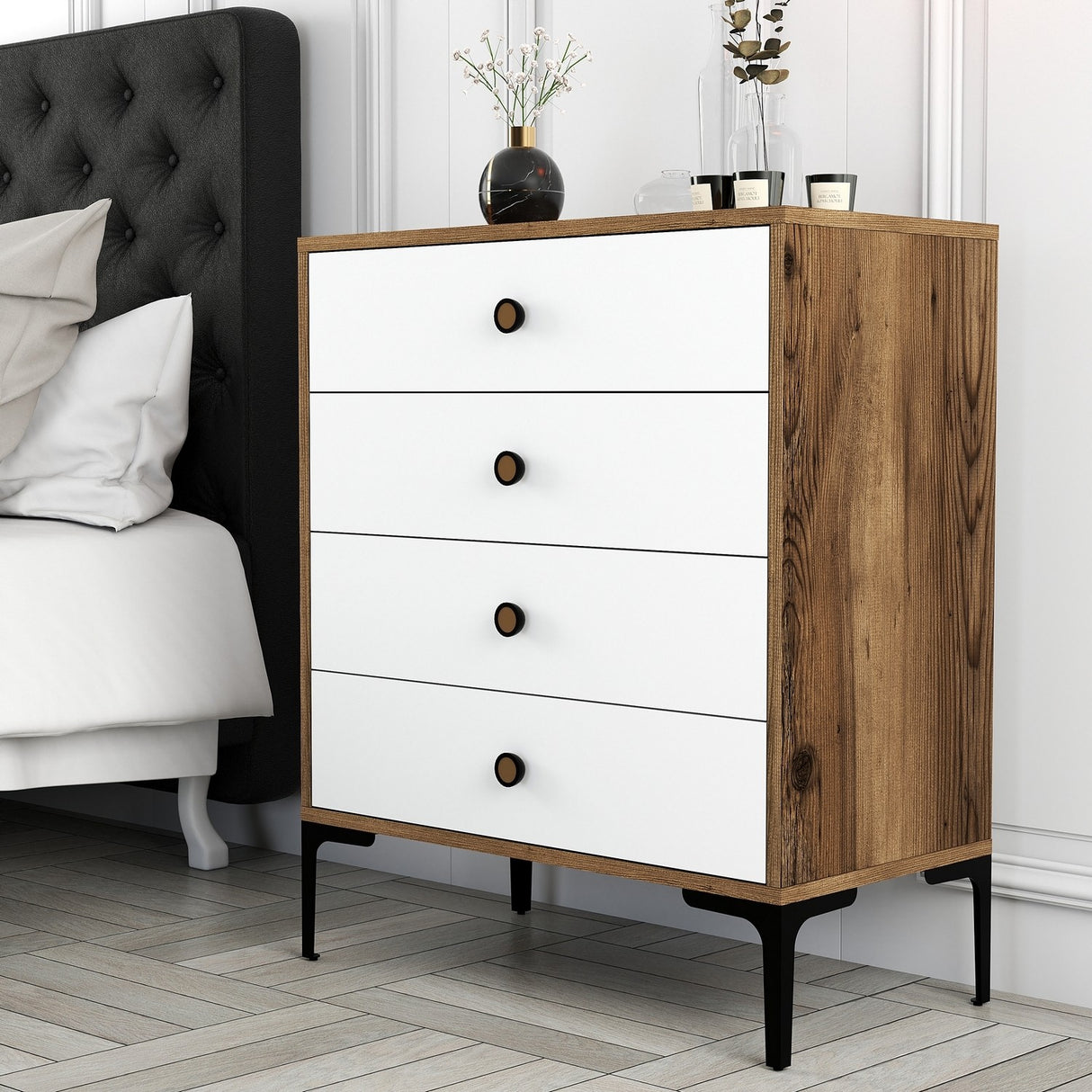 Ladekasten - Ladekast Lizbon Walnoot Wit Melamine 76x90,7x40 cm - 4 lades - Dimehouse