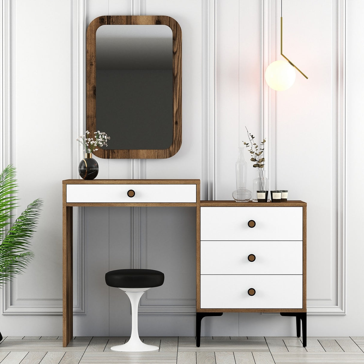 Ladekasten - Ladekast Kaptafel Lizbon Walnoot Wit Melamine 124x84,7x40 cm - Dimehouse