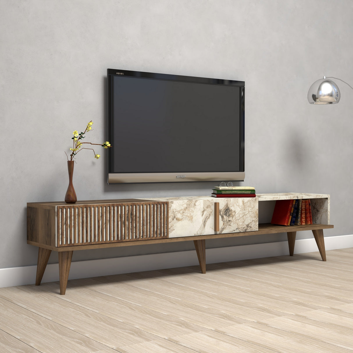 TV Meubels - TV Meubel Milan Walnoot Wit Marmer Melamine 180x40x35 cm - Dimehouse