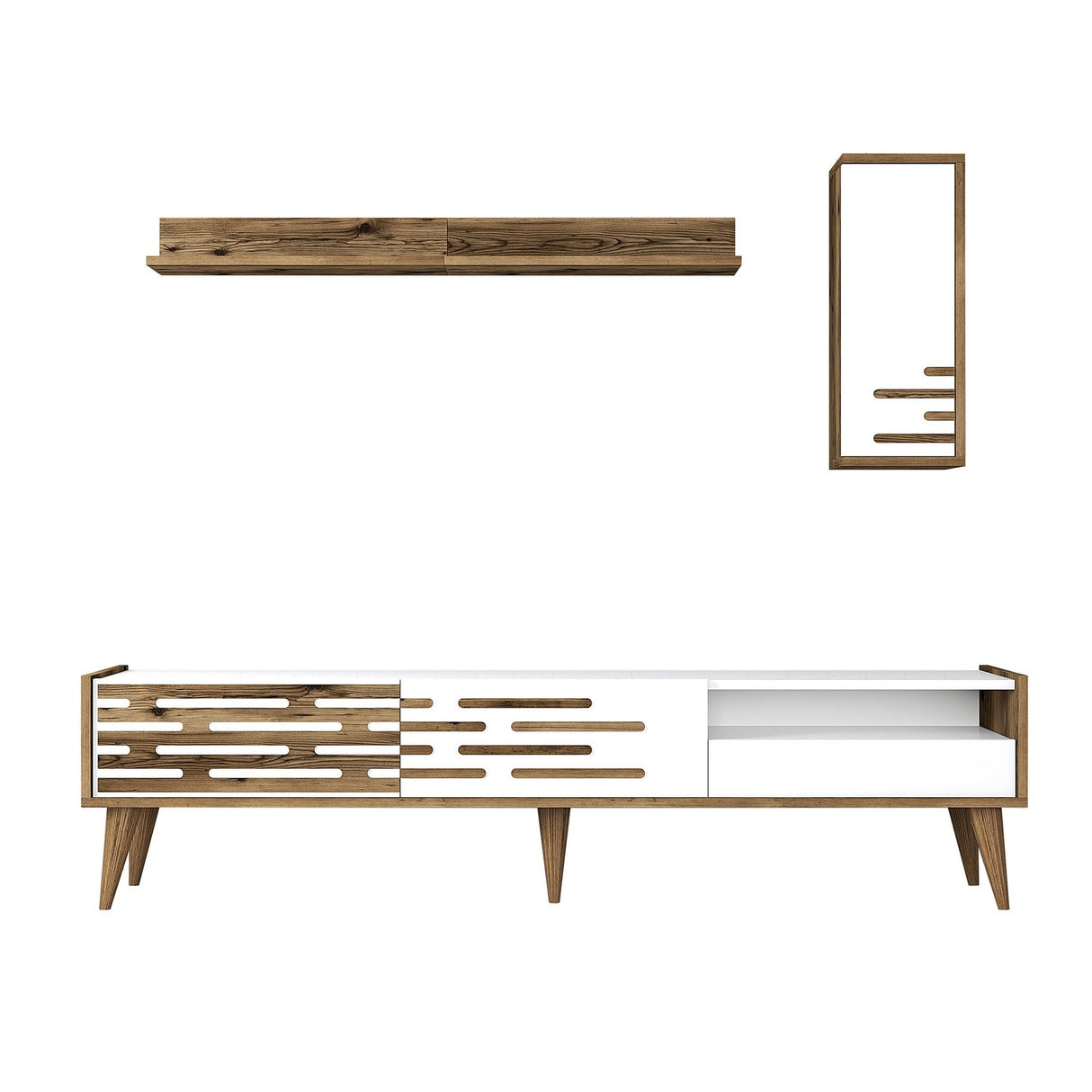 TV Meubels - TV Meubel Set Valensiya Walnoot Wit Melamine 180x35x45 cm - Dimehouse