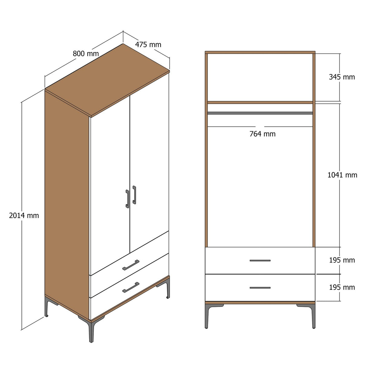 Kledingkasten - Kledingkast Kumsal T Walnoot Wit Melamine 80x47,5x201,4 cm - Dimehouse
