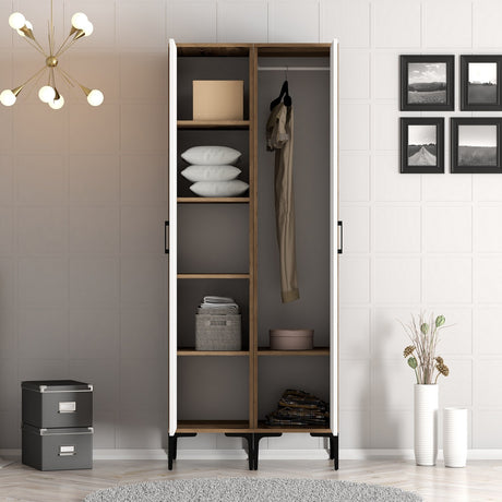 Kledingkasten - Kledingkast Kumsal PR Walnoot Wit Melamine 80x47,5x201,4 cm - Dimehouse