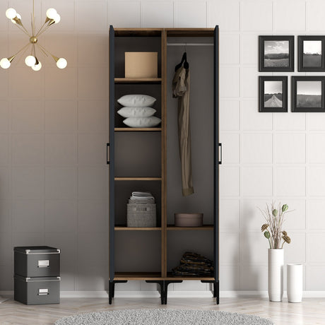 Kledingkasten - Kledingkast Kumsal SS Walnoot Antraciet Melamine 80x47,5x201,4 cm - Dimehouse