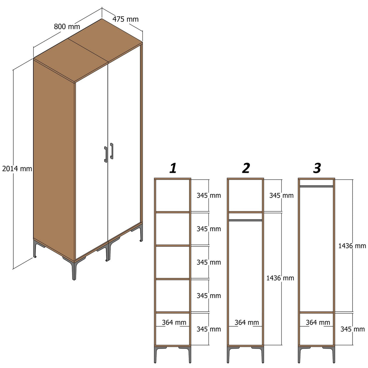 Kledingkasten - Kledingkast Kumsal SS Walnoot Wit Melamine 80x47,5x201,4 cm - Dimehouse