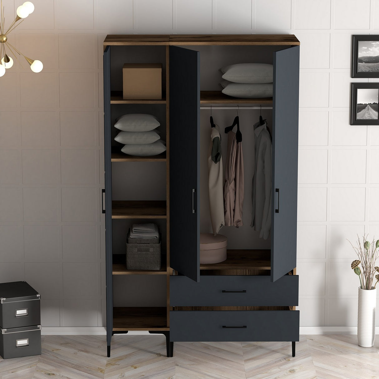 Kledingkasten - Kledingkast Kumual RT Walnoot Antraciet Melamine 120x47,5x201,4 cm - Dimehouse