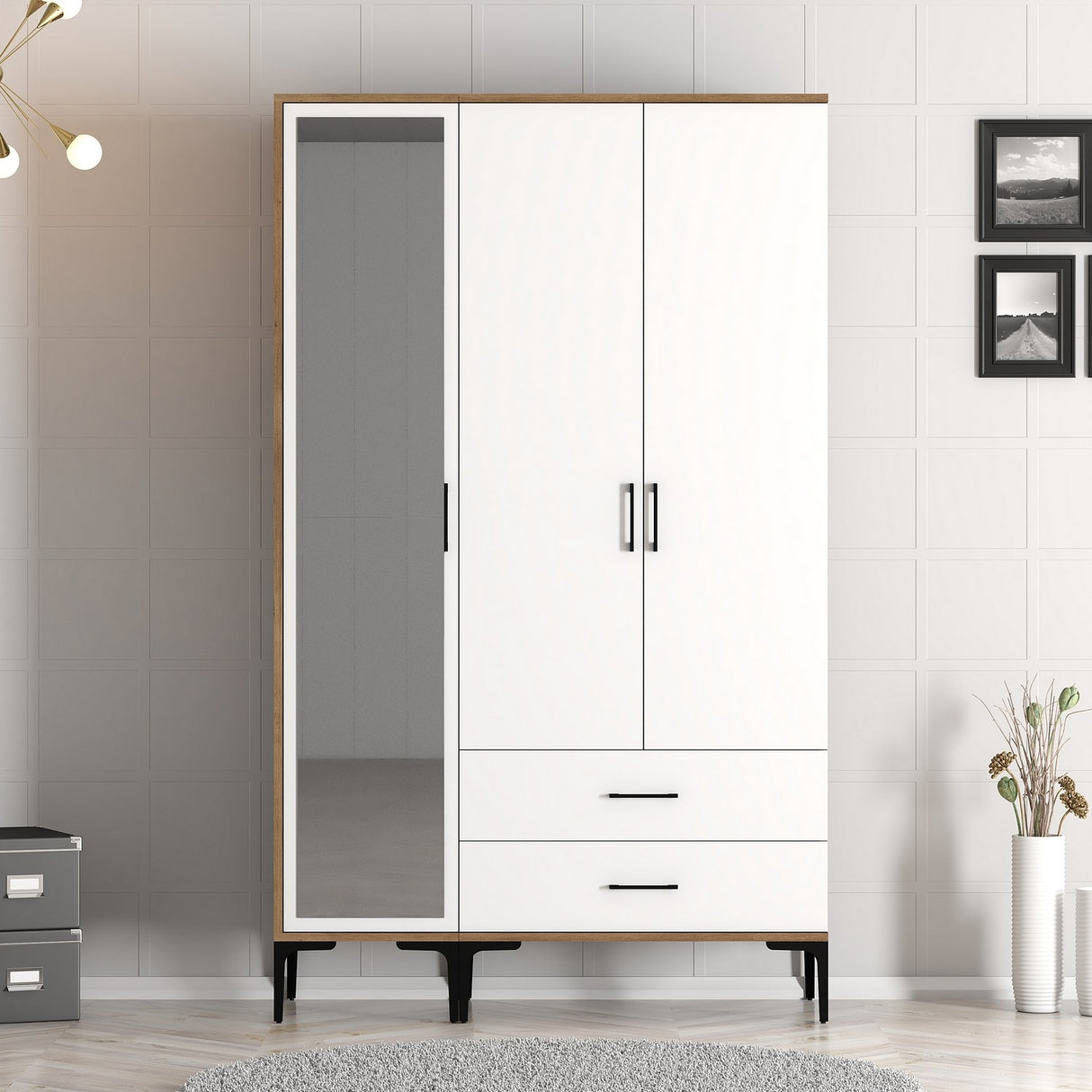 Kledingkasten - Kledingkast Kumual RT Walnoot Wit Melamine 120x47,5x201,4 cm - Dimehouse