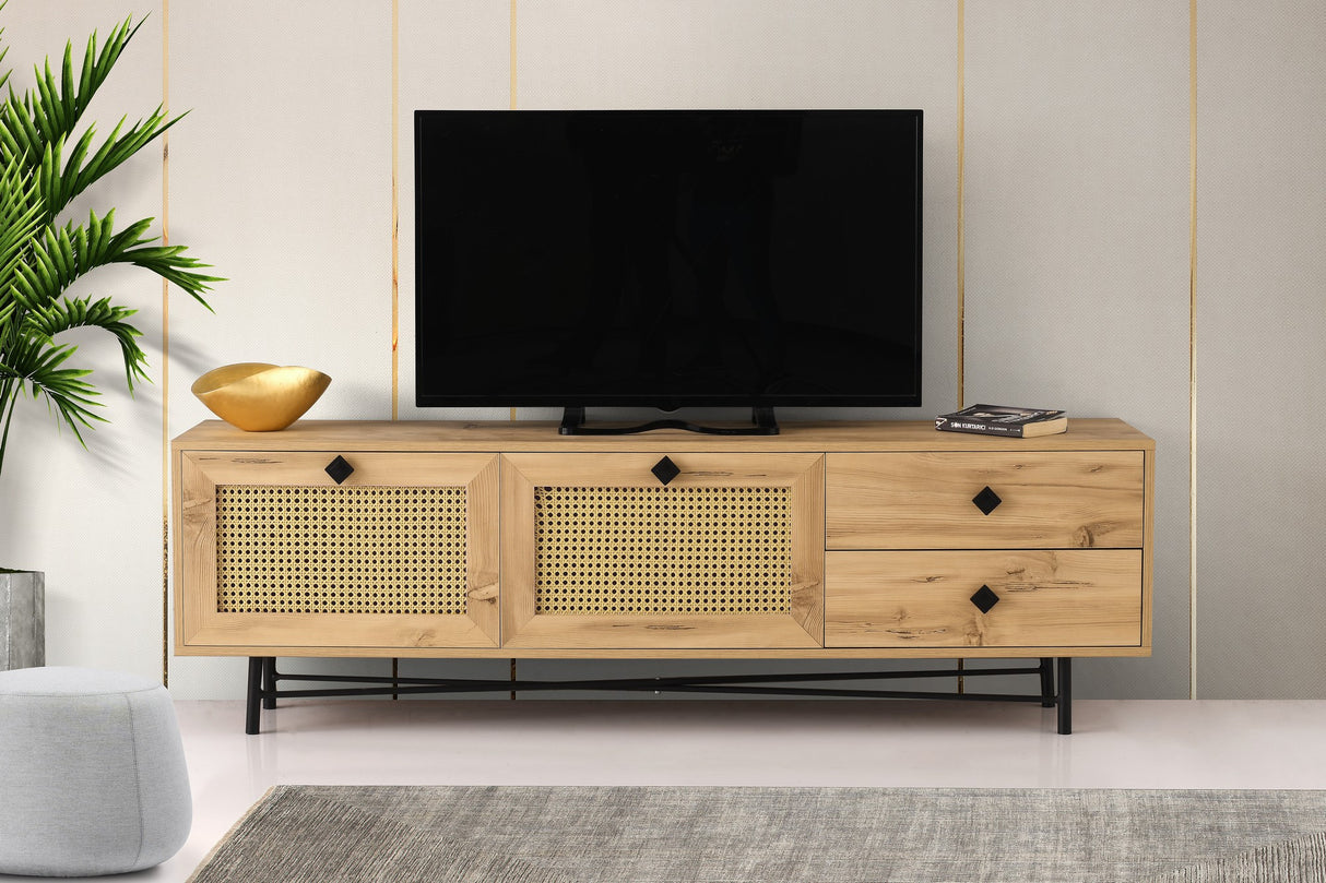 Meuble TV Japandi Hapsiyas Chêne Mélamine Noir 180x60x40 cm