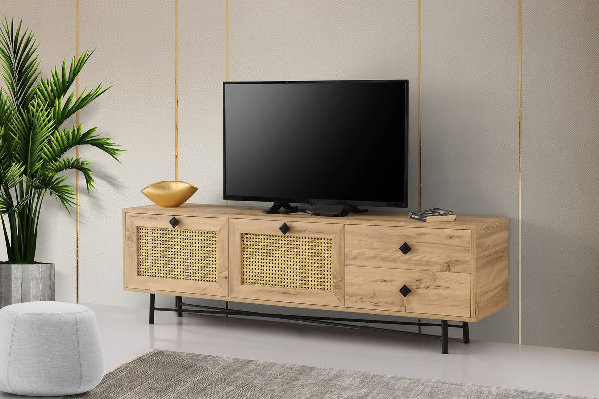 Meuble TV Japandi Hapsiyas Chêne Mélamine Noir 180x60x40 cm