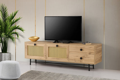 Meuble TV Japandi Hapsiyas Chêne Mélamine Noir 180x60x40 cm