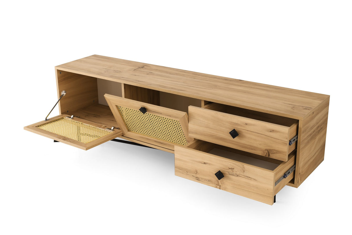 Meuble TV Japandi Hapsiyas Chêne Mélamine Noir 180x60x40 cm
