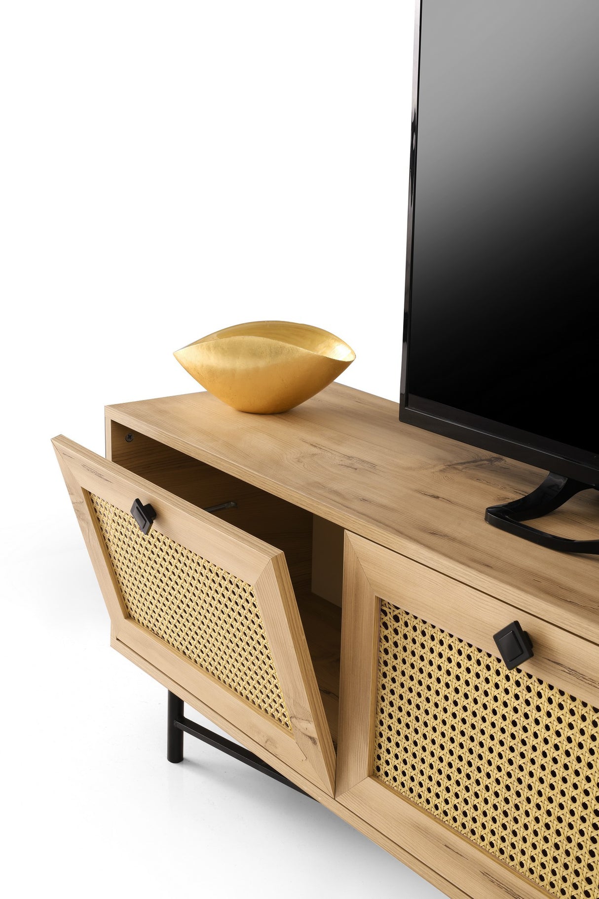 Meuble TV Japandi Hapsiyas Chêne Mélamine Noir 180x60x40 cm