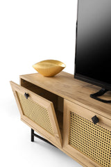 Meuble TV Japandi Hapsiyas Chêne Mélamine Noir 180x60x40 cm
