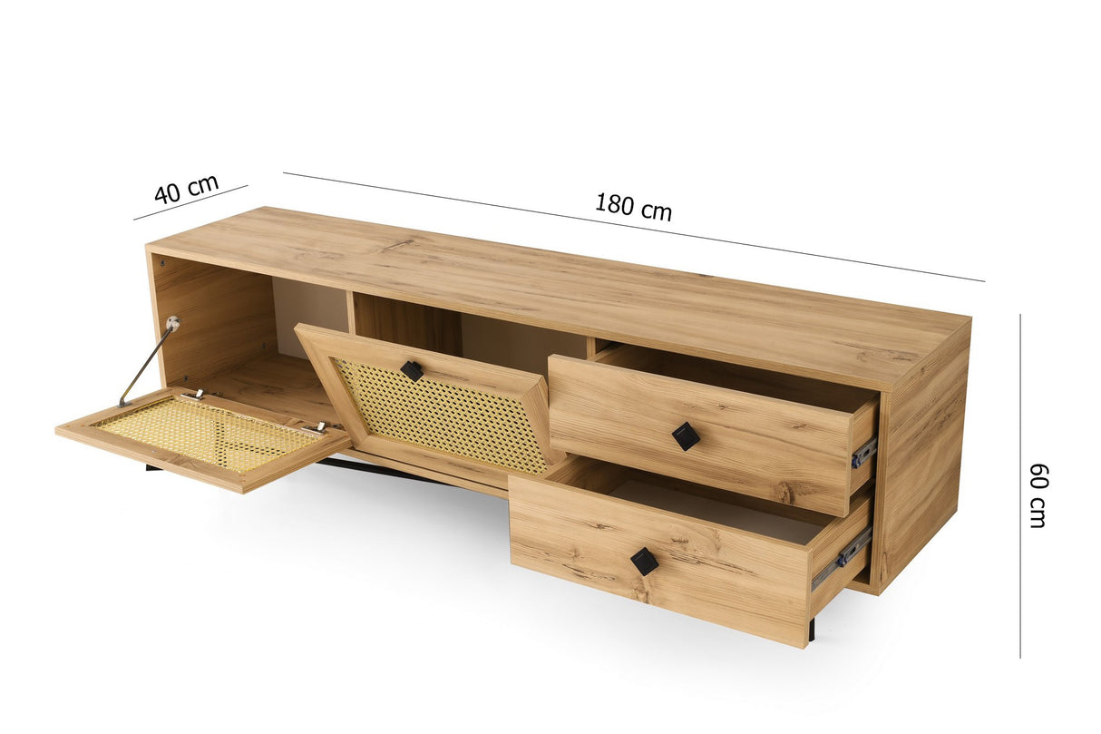 Meuble TV Japandi Hapsiyas Chêne Mélamine Noir 180x60x40 cm