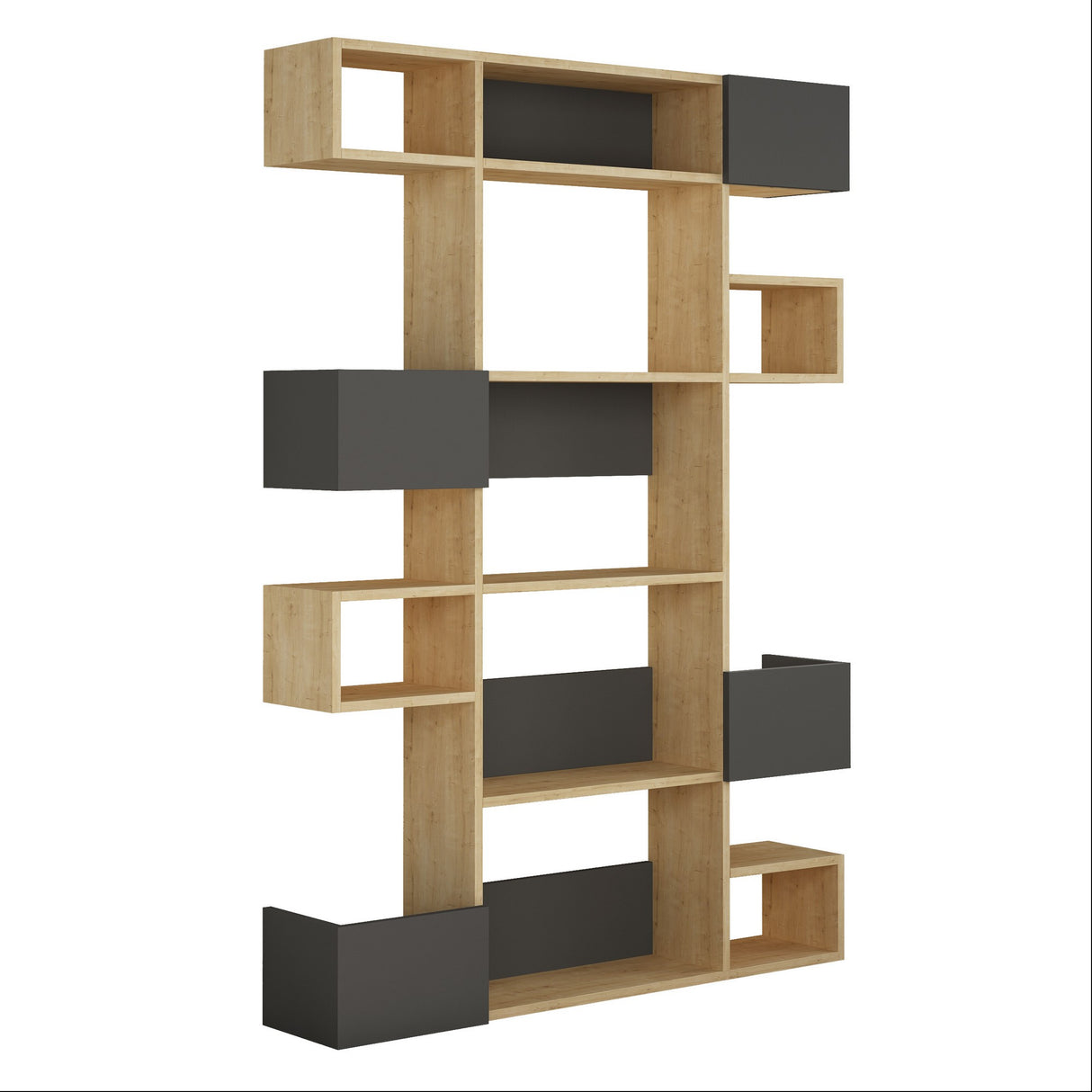 Bibliothèque moderne à compartiments asymétriques chêne mélamine anthracite Niho 120x171x20 cm