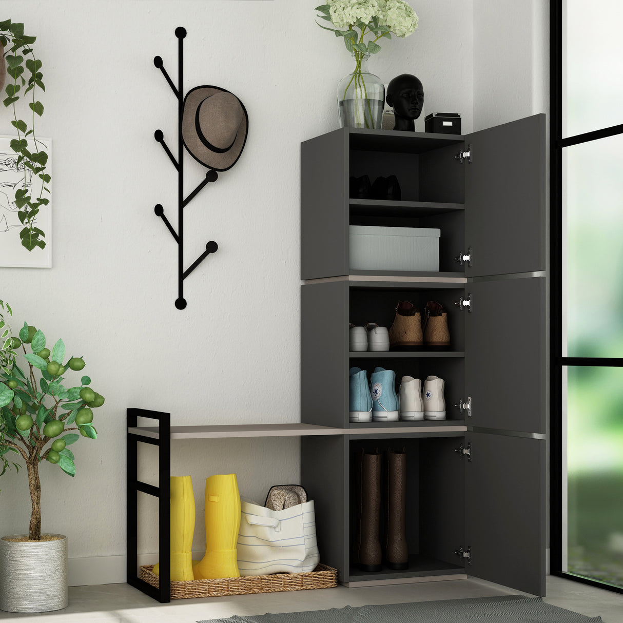 Schoenenkasten - Schoenenkast Mello Antraciet Bruin Melamine 109x149x39 cm - Dimehouse