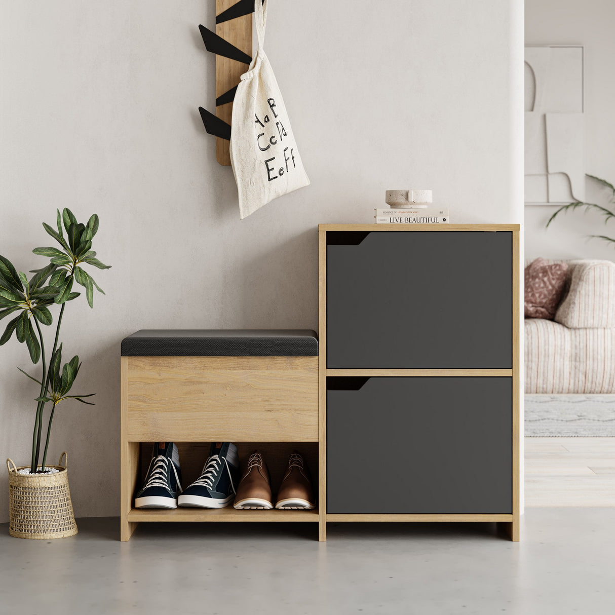 Schoenenkasten - Schoenenkast Haven Antraciet Eik Melamine 101,5x80,5x35,5 cm - Dimehouse